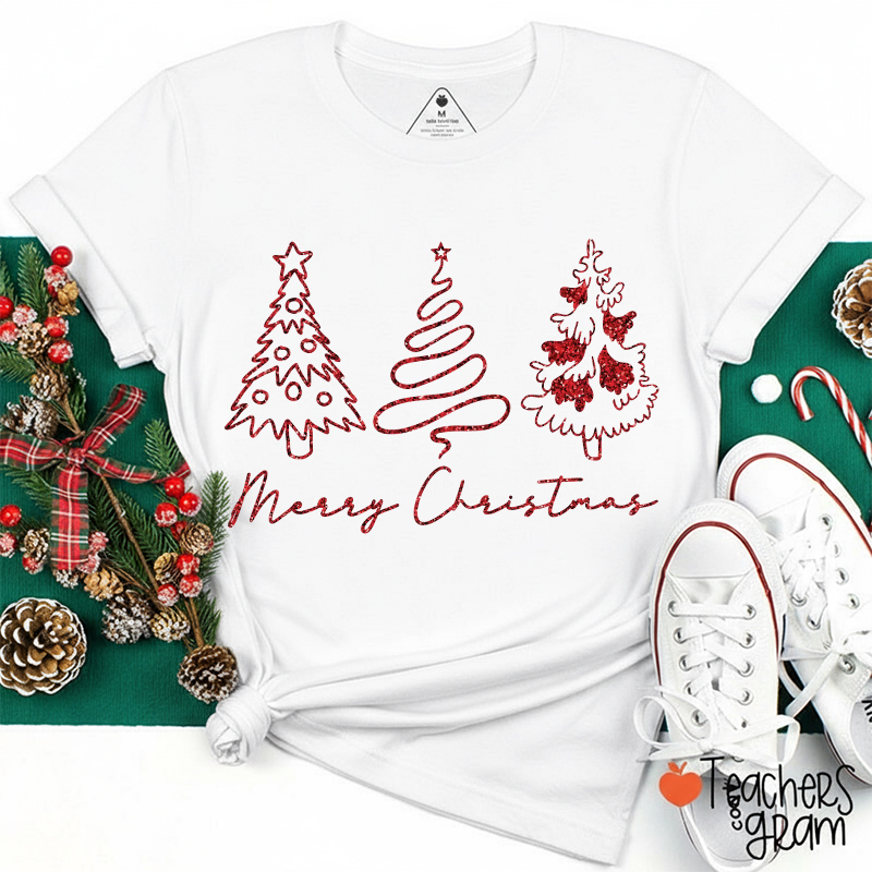 Three Red Line Art Christmas Trees Merry Christmas Teacher T-Shirt