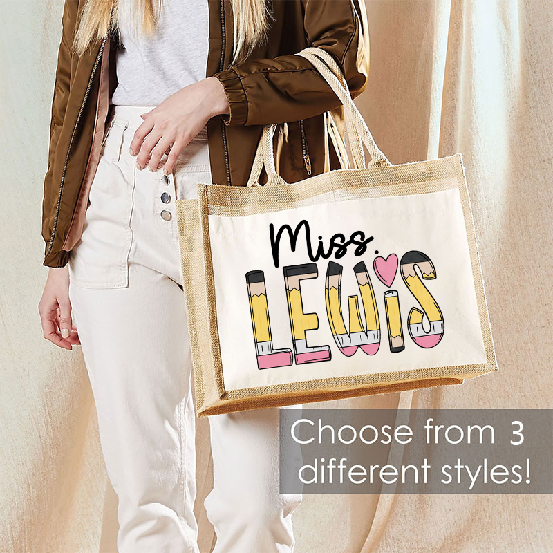 Personalized Pencil Name Teacher Jute Lunch Bag