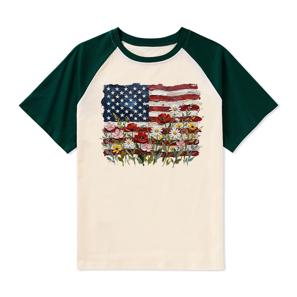 American Flag Floral Teacher Raglan T-Shirt