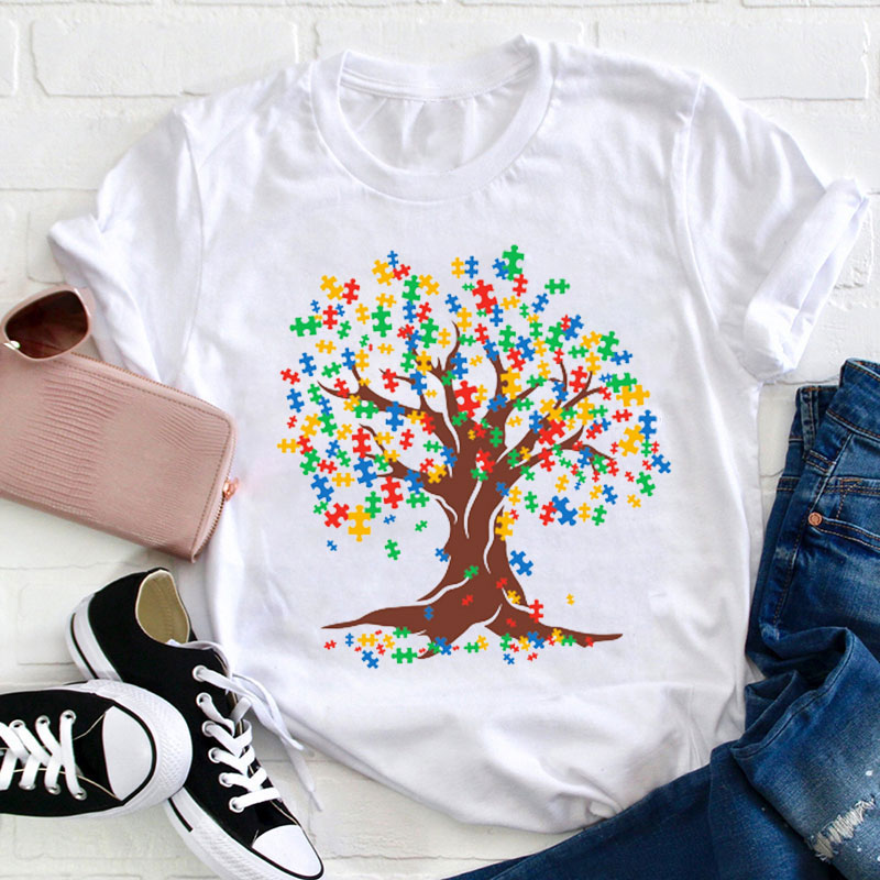 Colorful Puzzle Tree Teacher T-Shirt