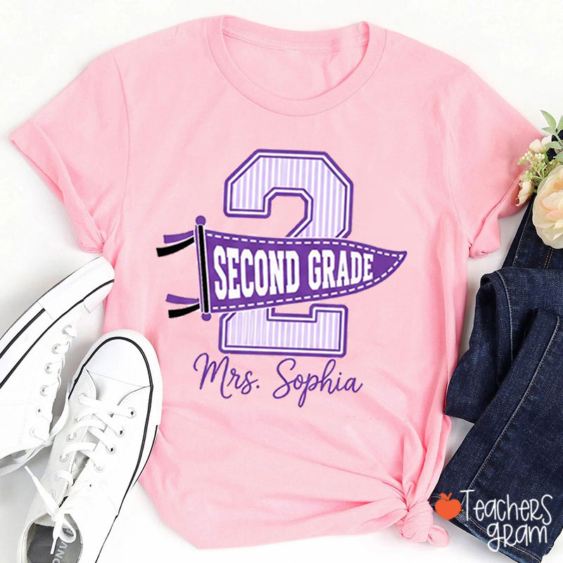 Personalized Grade And Name Striped Letter Pennant Teacher T-Shirt