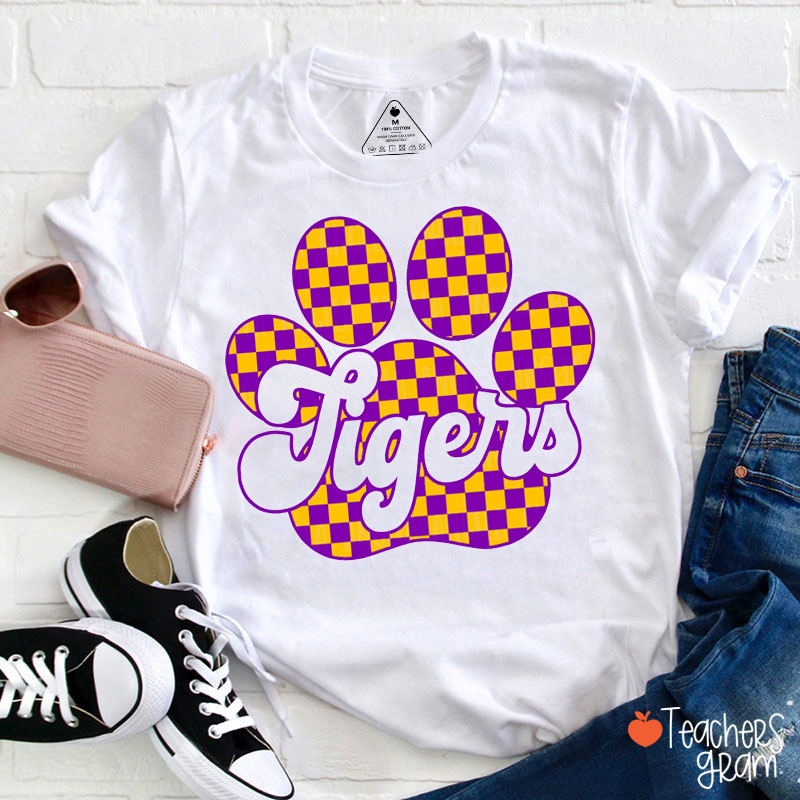 Personalized Mascot Grid Paw School Spirit Teacher T-Shirt