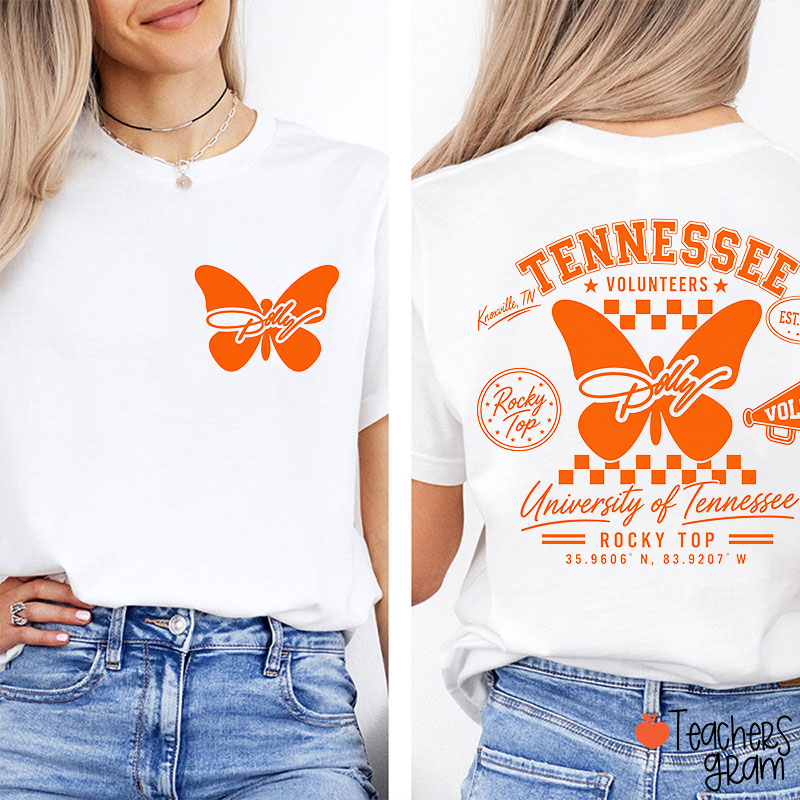 Tennessee Volunteers Rocky Top Butterfly Teacher Two Sided T‑Shirt