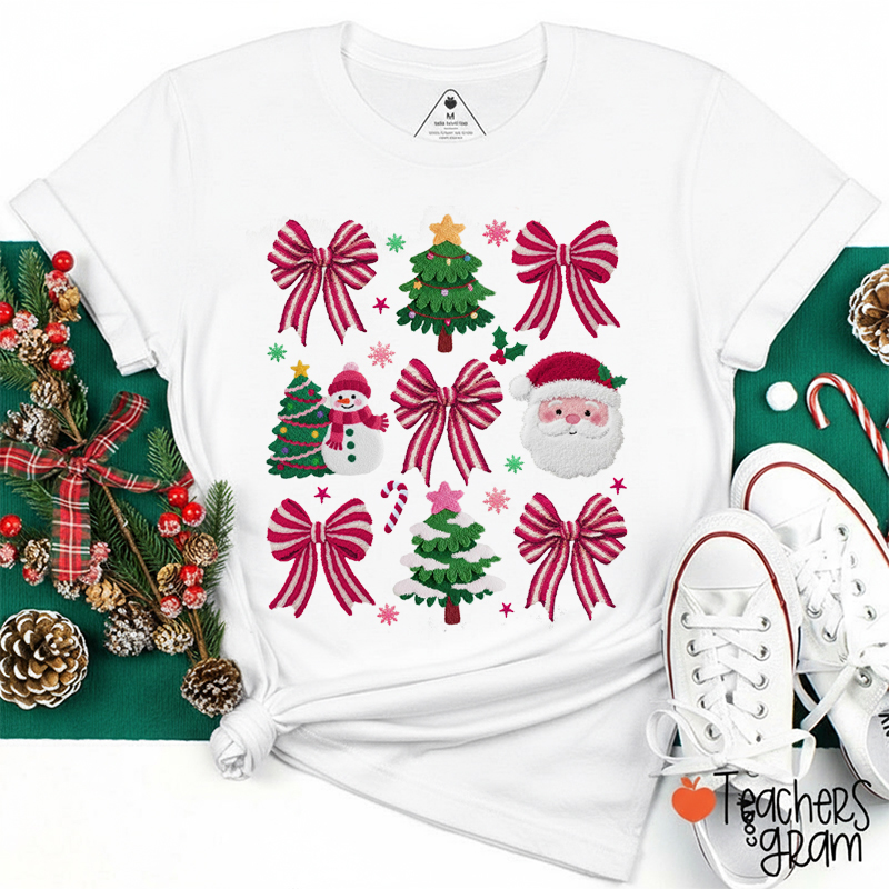 Faux Yarn Coquette Pink Bow Santa Teacher T-Shirt