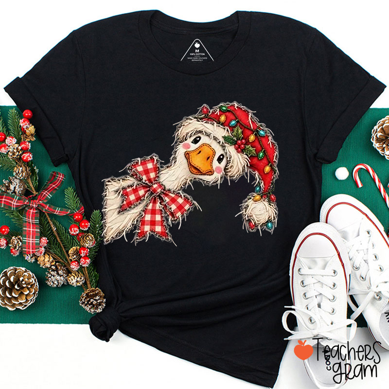 Christmas Silly Goose With Plaid Bow Teacher T-Shirt