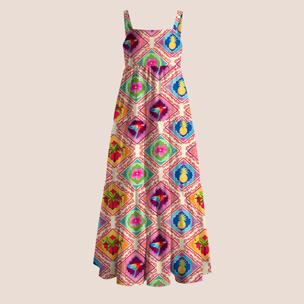 Vibrant Tropical Tile Print Teacher Slip Dress