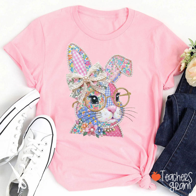 Faux Patchwork Bunny Teacher T-Shirt