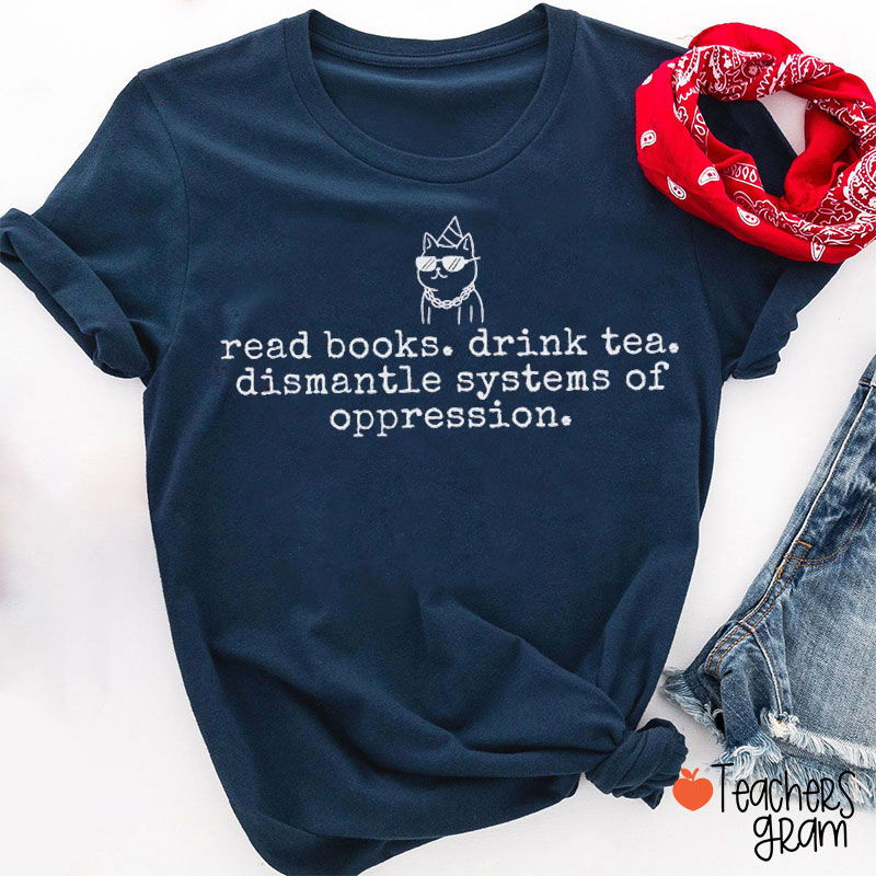 Cool Cat Read Books Drink Tea Teacher T-Shirt