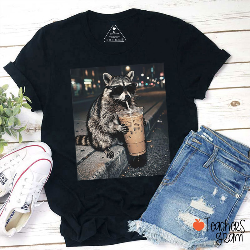 Meme Raccoon Drinking Iced Coffee Teacher T-Shirt