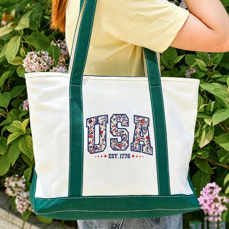 Retro Floral USA Teacher Canvas Tote Bag