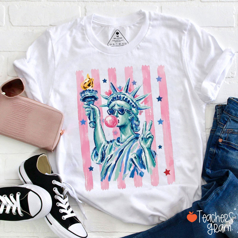 Preppy Statue Of Liberty Blowing Bubble Gum Teacher T-Shirt