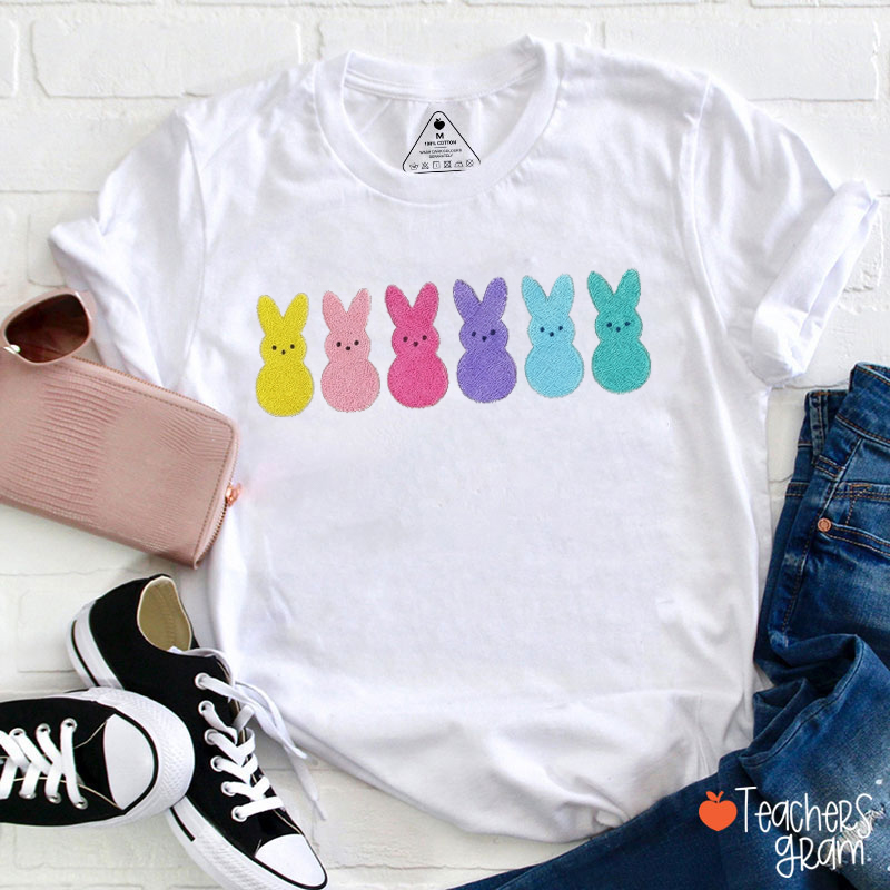 Colorful Easter Bunnies Embroidered Teacher T-Shirt