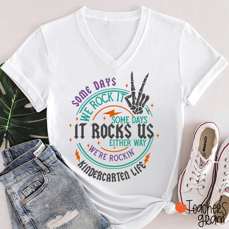 Personalized Grade Rock This School Teacher Female V-Neck T-Shirt
