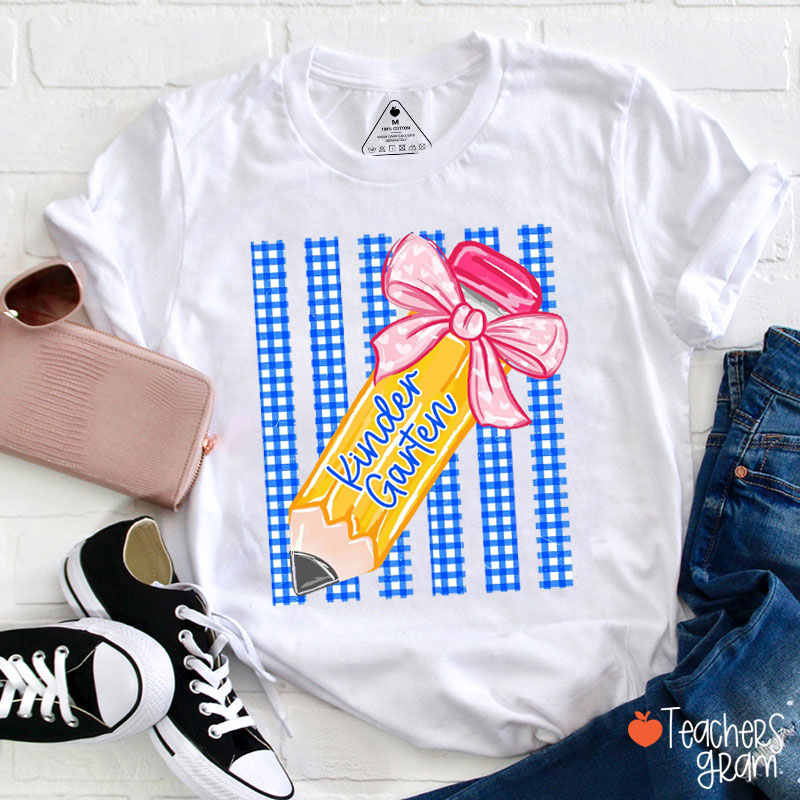 Personalized Grade Pink Bow Blue Gingham Stripes Teacher T-Shirt
