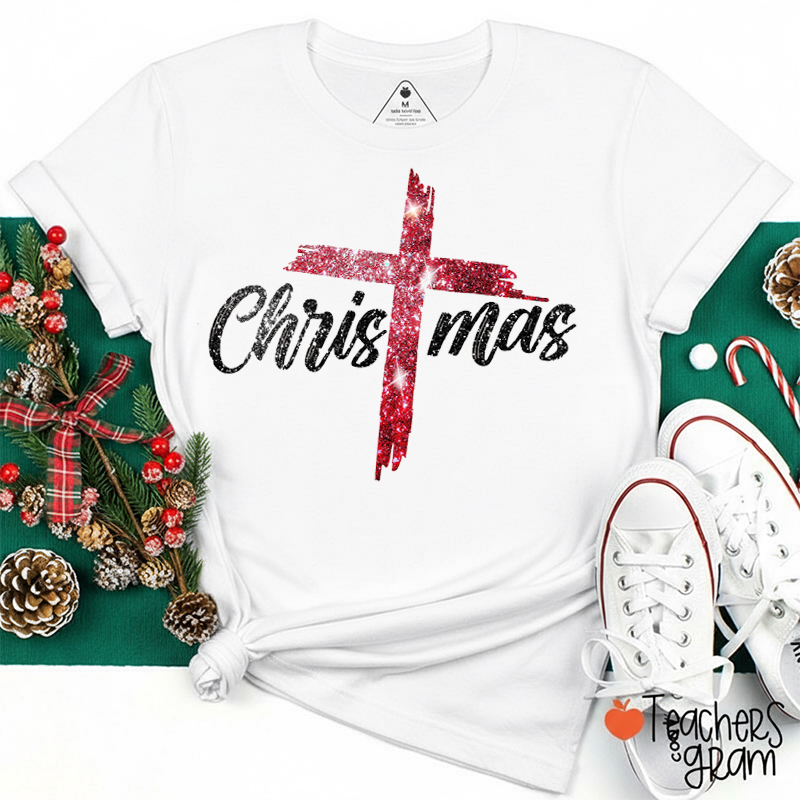 Glitter Cross Christmas Teacher T-Shirt
