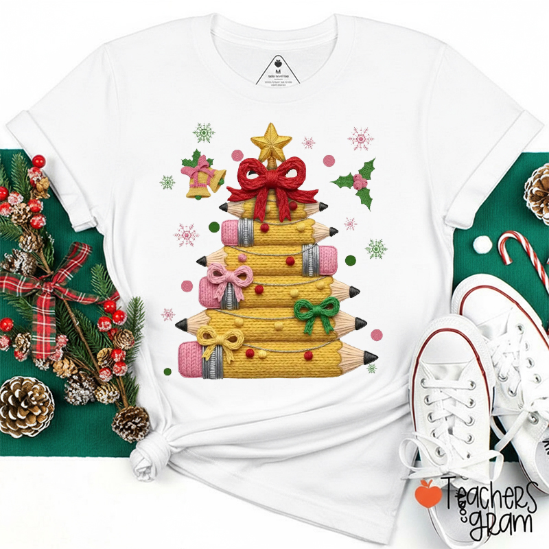 Faux Yarn Pencil Christmas Tree Teacher T-Shirt