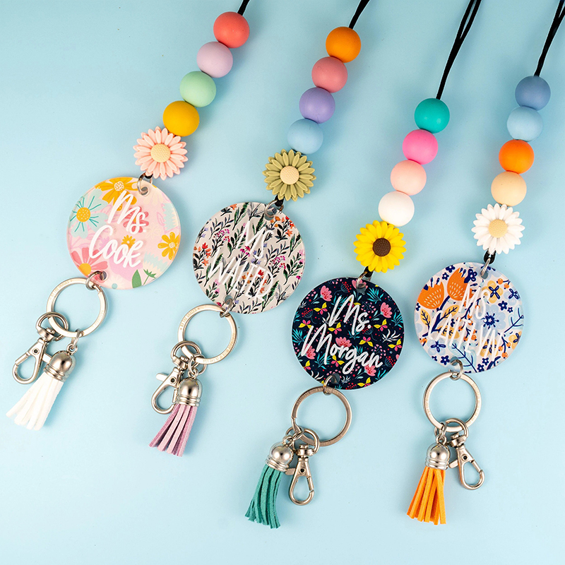 Personalized Name Spring Floral Teacher Lanyard