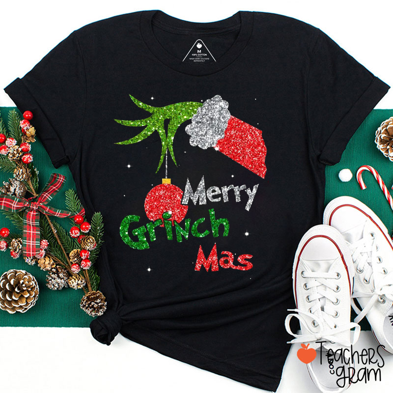 Glitter Hand Holding Merry Grinchmas Teacher T-Shirt