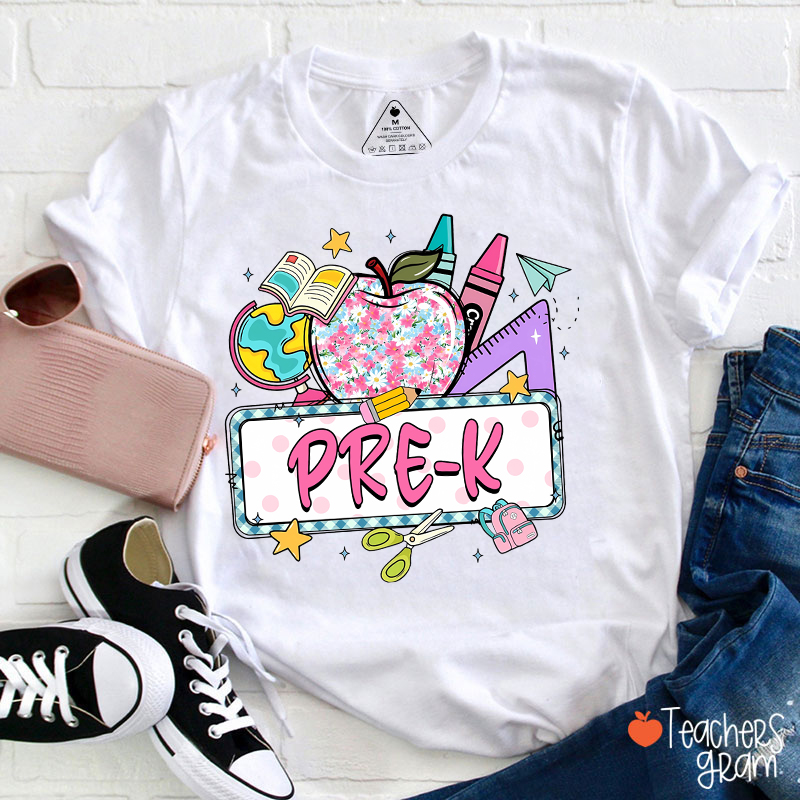Personalized Grade Flowers Apple Crayon Ruler Teacher T-Shirt