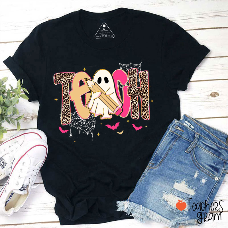 Leopard Print Pencil Spiderweb Teacher T-Shirt