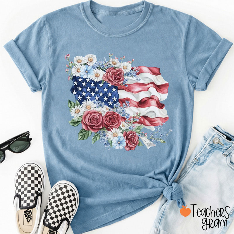 Floral American Flag Teacher T-Shirt