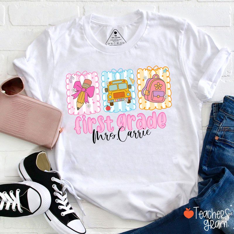Personalized Name And Grade Pencil School Bus Backpack Teacher T-Shirt