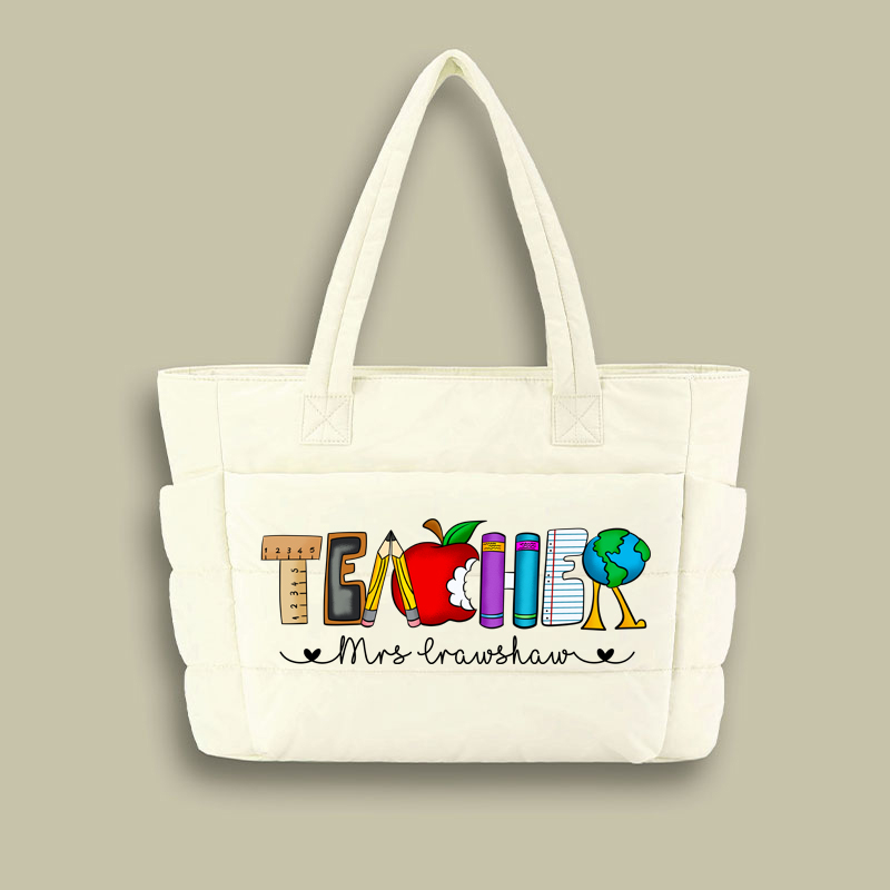 Personalized Name Cartoon Stationery Pencil Teacher Puffy Tote Bag