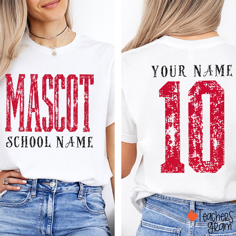 Personalized Mascot School Name Name And Number Vintage Distressed Teacher Two Sided T‑Shirt