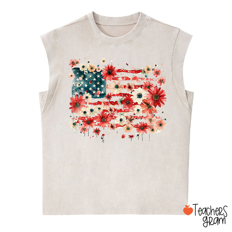 American Flag Floral Teacher Washed Tank Top