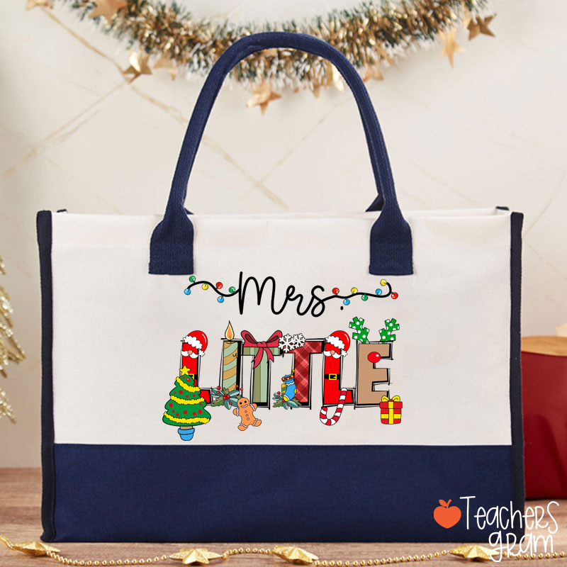 Personalized Name Cute Christmas Elements Teacher Cotton Tote Bag