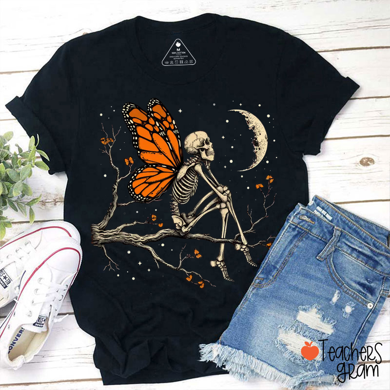 Skeleton Monarch Fairy Under Crescent Moon Teacher T-Shirt