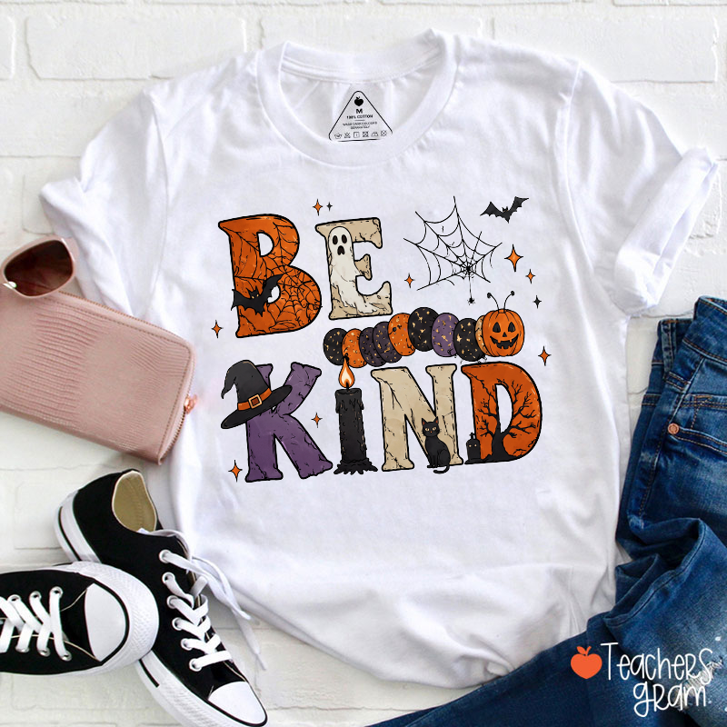 Be Kind Halloween Ghost Pumpkin Bat Black Cat Teacher T‑Shirt