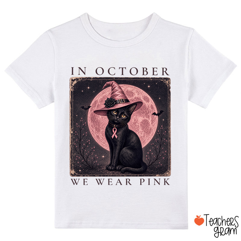 In October We Wear Pink Witch Black Cat Pink Moon Breast Cancer Awareness Kids T-Shirt