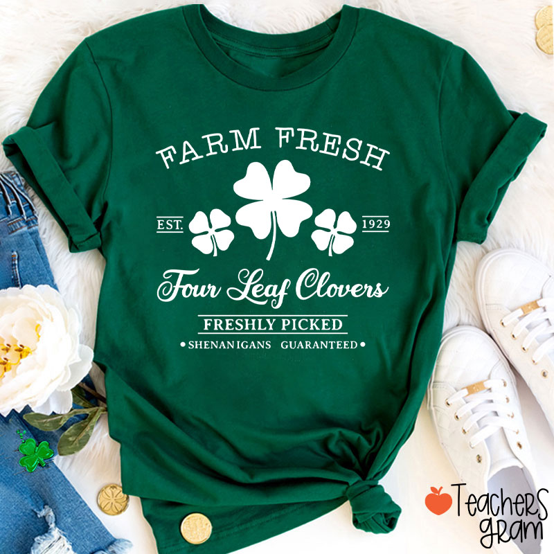 Farm Fresh Est 1929 Four Leaf Clovers Teacher T-Shirt