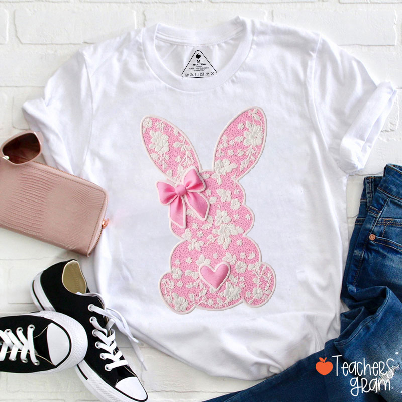 Faux Embroidery Lace Bunny Coquette Bow Teacher T-Shirt