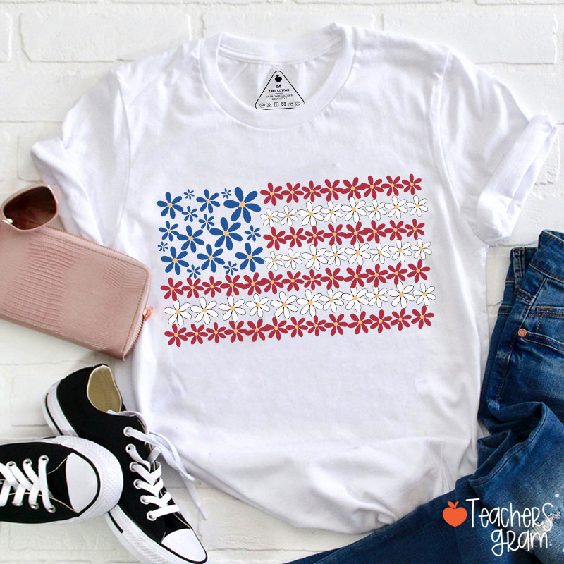 Wildflower American Flag Teacher T-Shirt