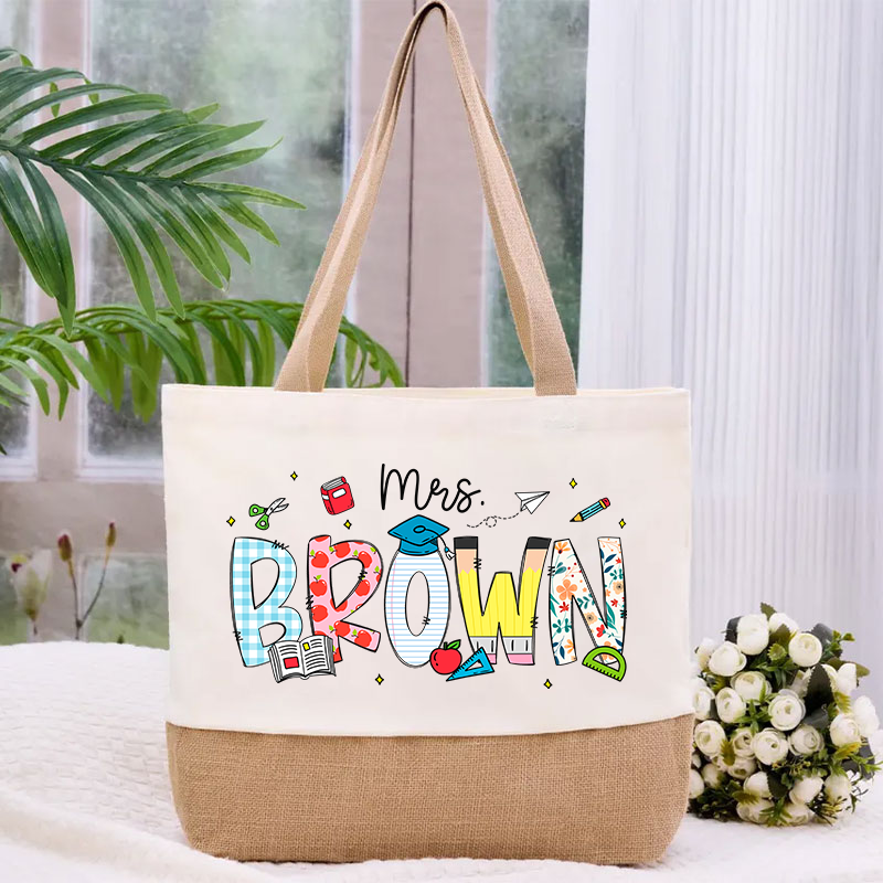 Personalized Name Cartoon Stationery Teacher Canvas Tote Bag