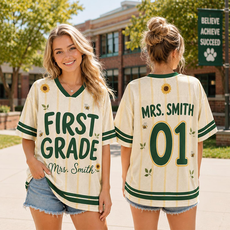 Personalized Name And Number Striped Sunflower Bee Print Teacher Mesh Jersey