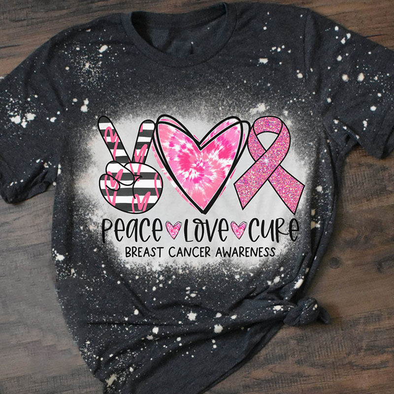 Peace Love Cure Breast Cancer Awareness Teacher Printed T-Shirt