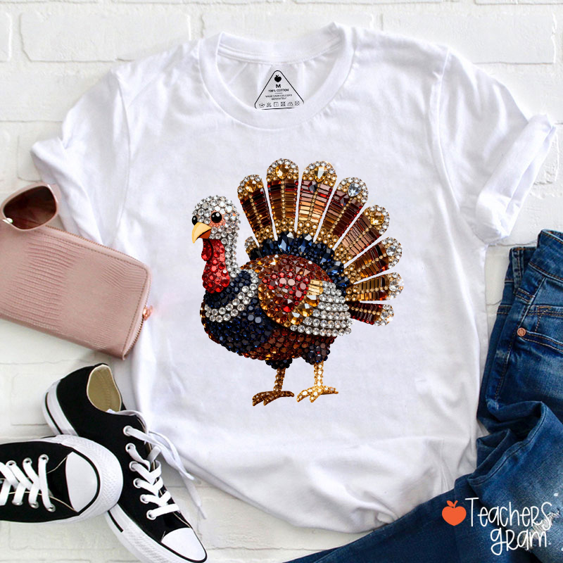 Faux Rhinestone Turkey Teacher T-Shirt