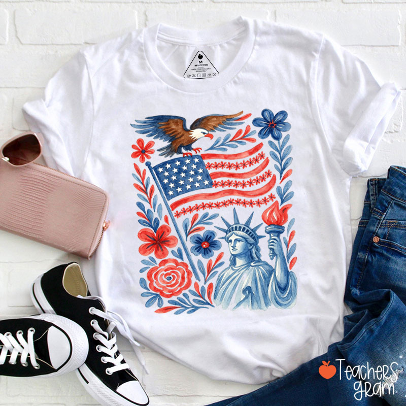 Watercolor Eagle Statue Of Liberty American Flag Floral Teacher T-Shirt
