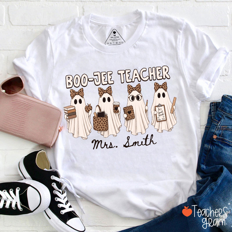 Personalized Name Boo-Jee Leopard Ghost Teacher T-Shirt