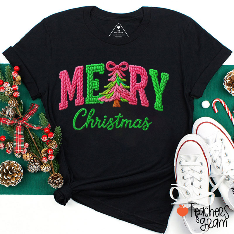 Faux Yarn Merry Christmas Teacher T-Shirt