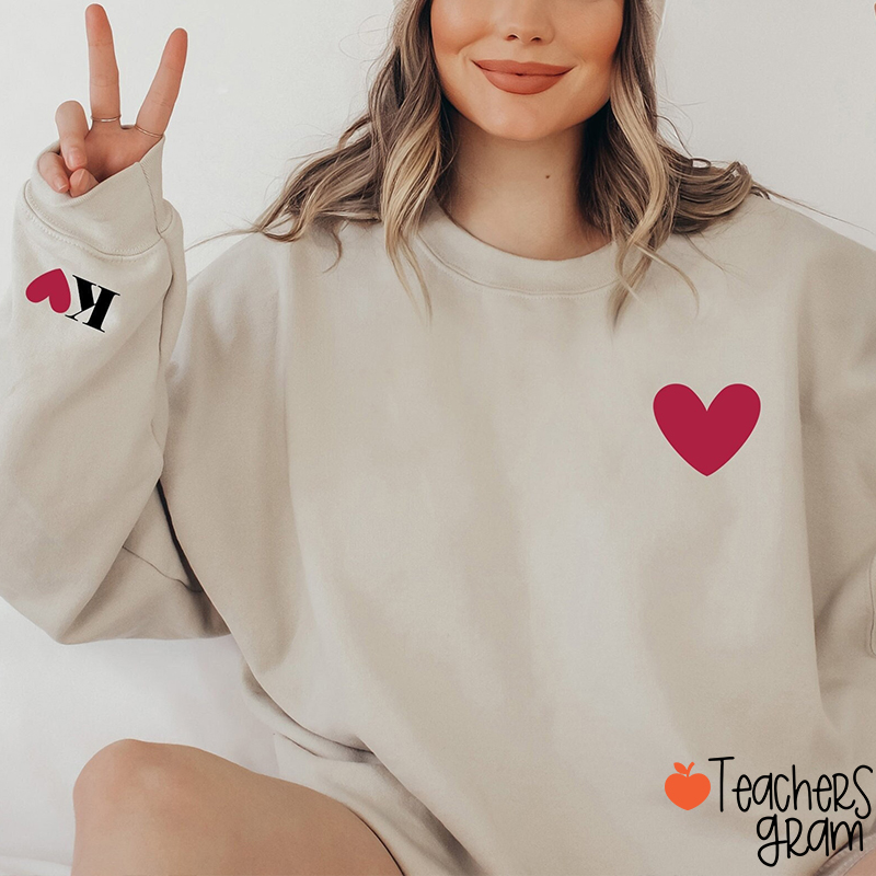 Personalized Initials Love Heart Valentine Teacher Sleeve Print Sweatshirt