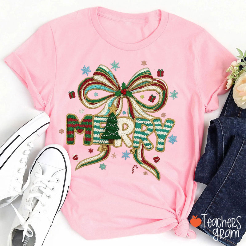 Faux Yarn Coquette Bow Merry Christmas Teacher T-Shirt
