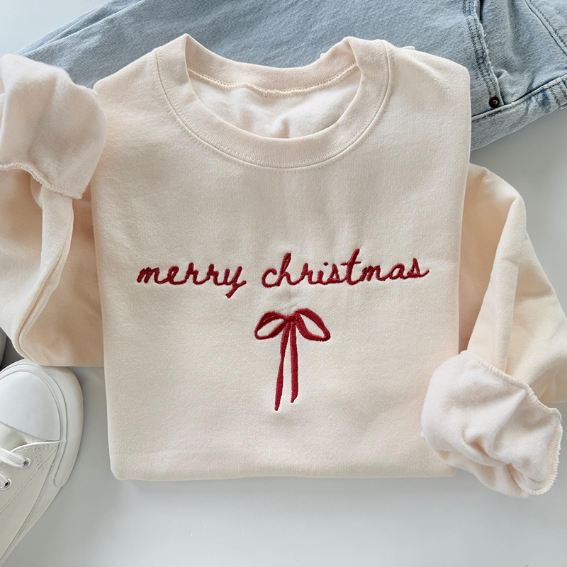 Embroidered Merry Christmas Bow Teacher Sweatshirt