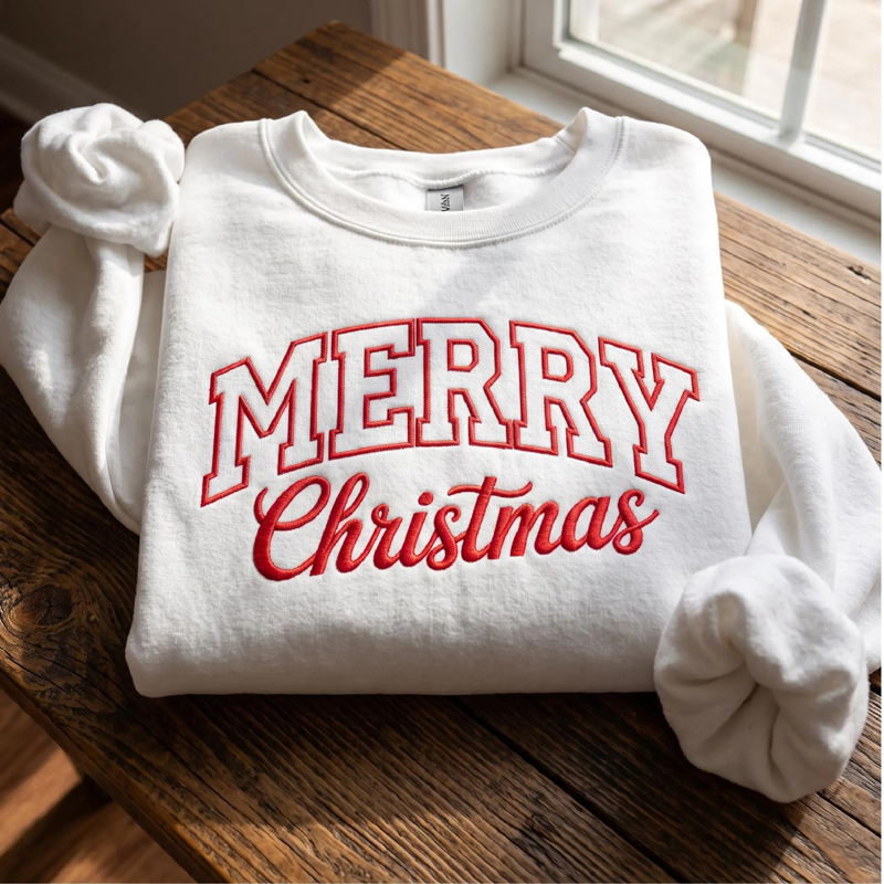 Merry Christmas Embroidered Varsity Font Teacher Sweatshirt