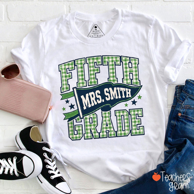 Personalized Name And Grade Checkered Pennant Teacher T-Shirt
