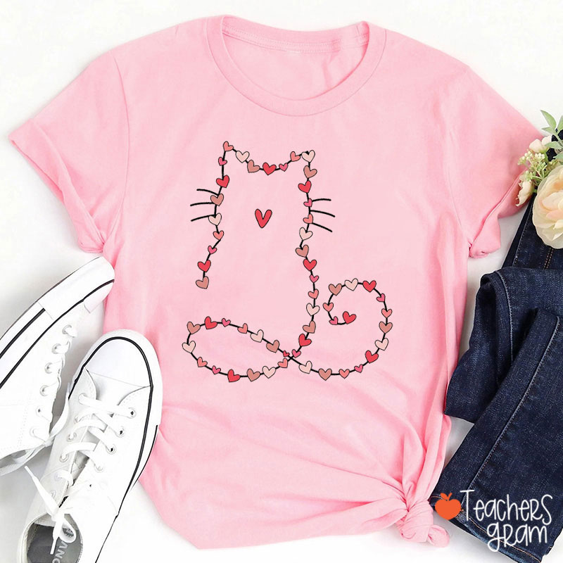 Lovely Cat With Red Hearts For Valentine Teacher T-Shirt