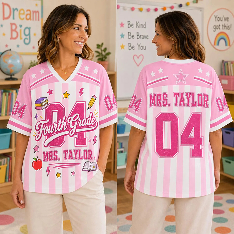 Personalized Grade Name Pastel Stripe Teacher Mesh Jersey